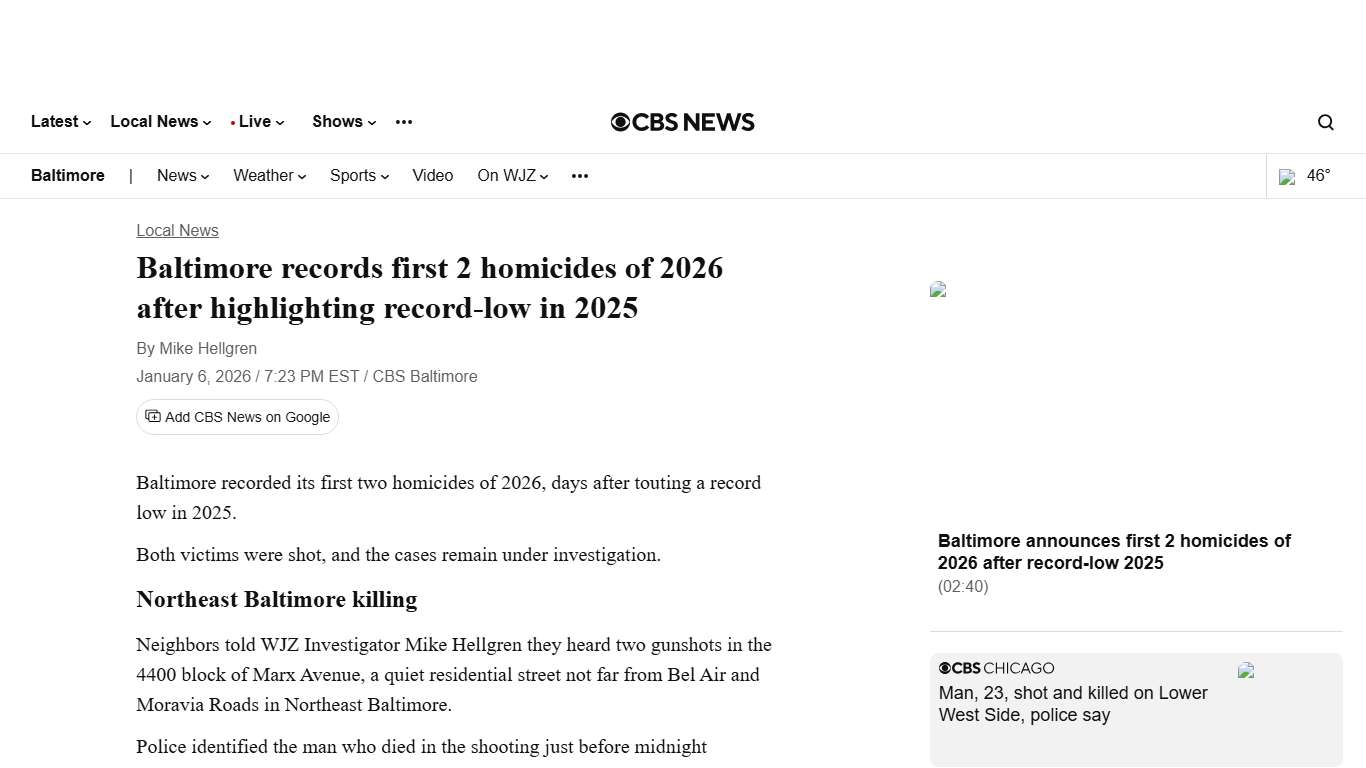 Baltimore records first 2 homicides of 2026 after highlighting record-low in 2025 - CBS Baltimore