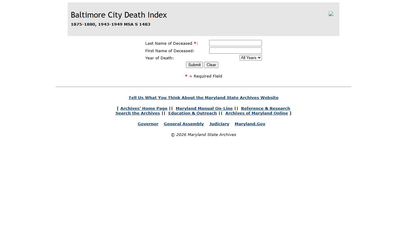 MARYLAND INDEXES (Death Records, BC, Index) 1875-1880, 1943-1949 MSA S 1483