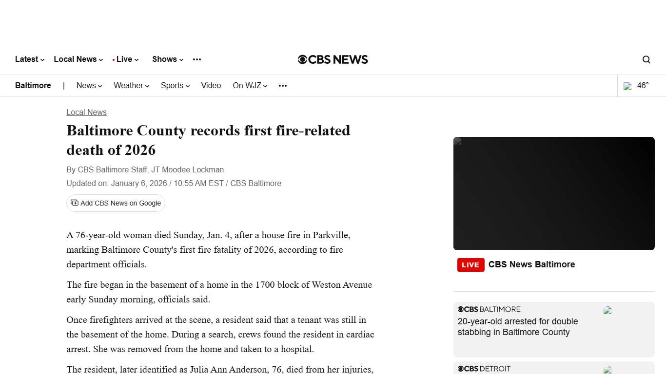 Baltimore County records first fire-related death of 2026 - CBS Baltimore